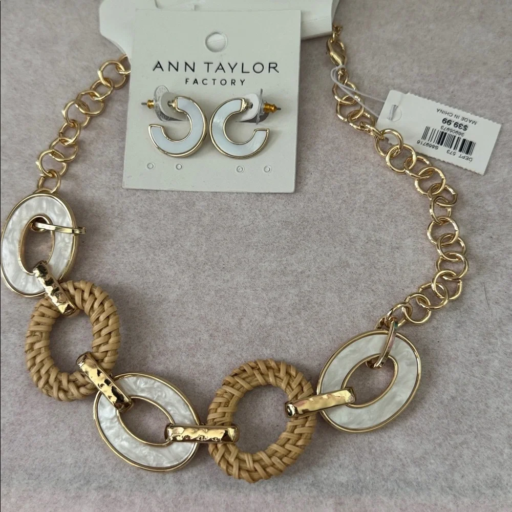 Ann Taylor Mother‎ of Pearl Necklace and Earring Set Gold Tone